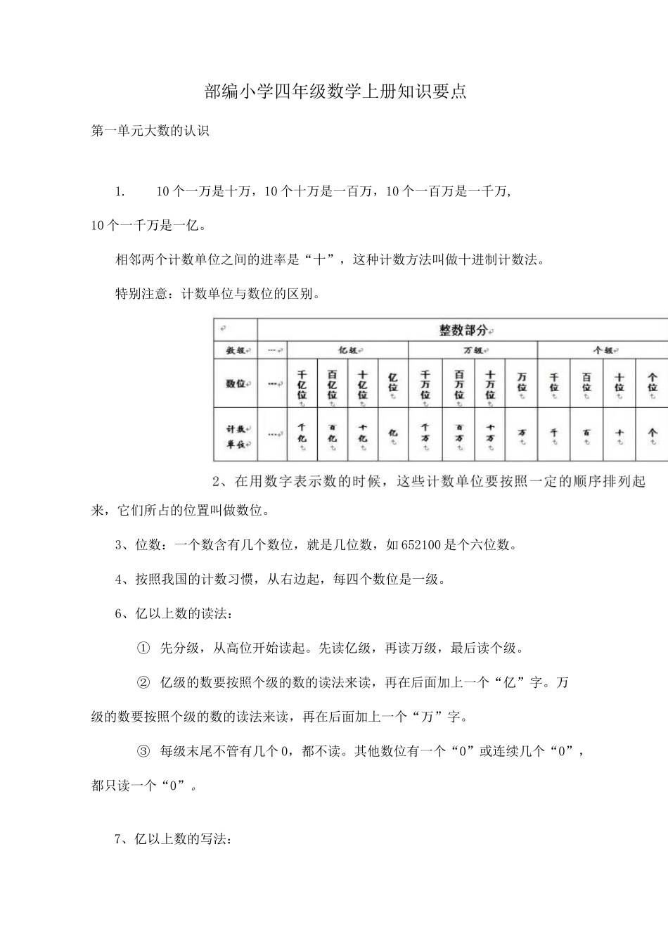 部编小学四年级数学上册知识要点_第1页