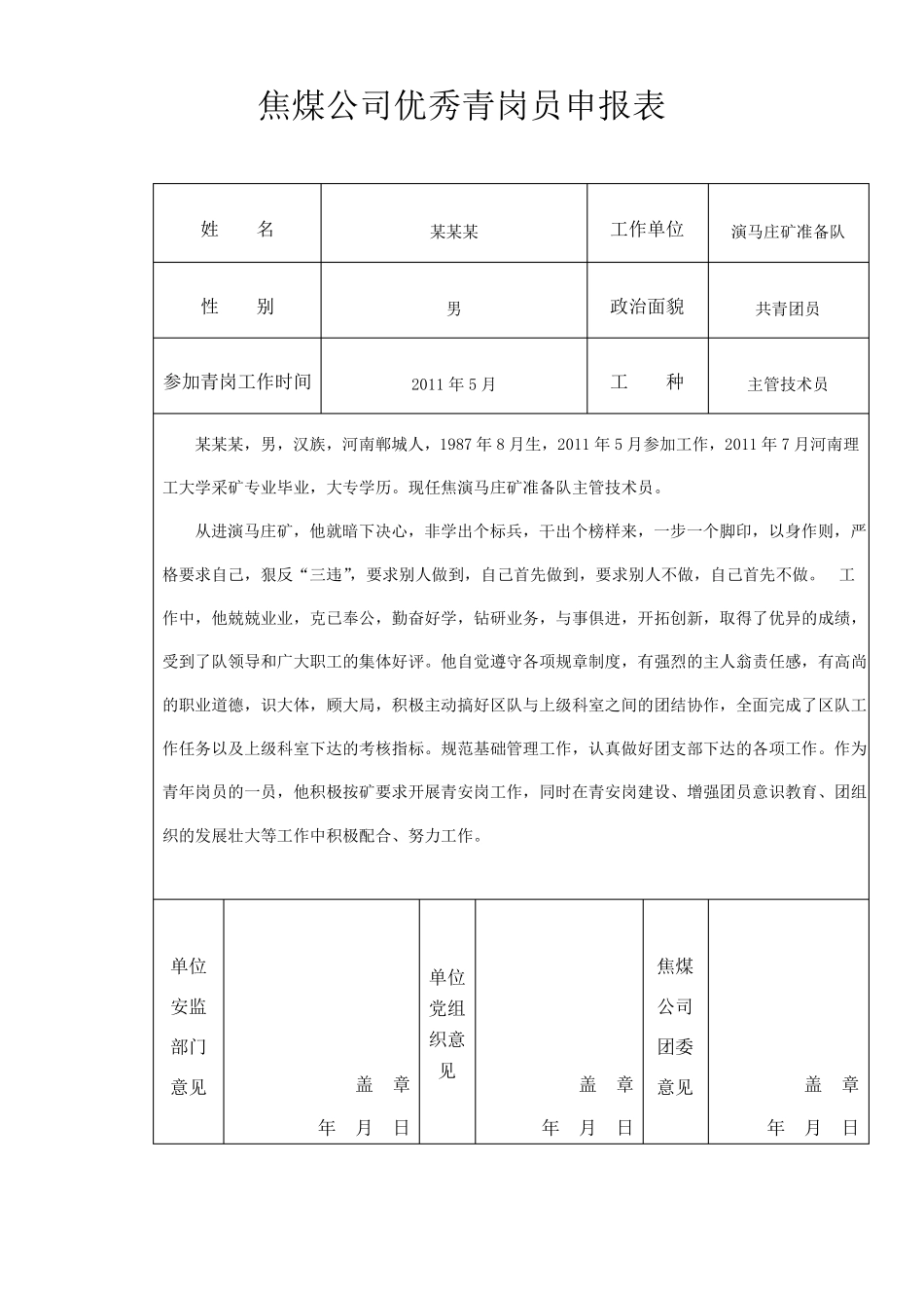 优秀青安岗员推荐表及先进事迹材料_第1页