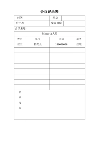 会议记录表通用型实用