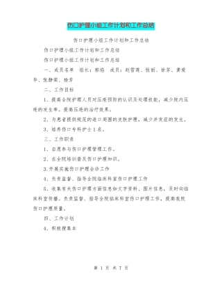 伤口护理小组工作计划和工作总结【可编辑版】