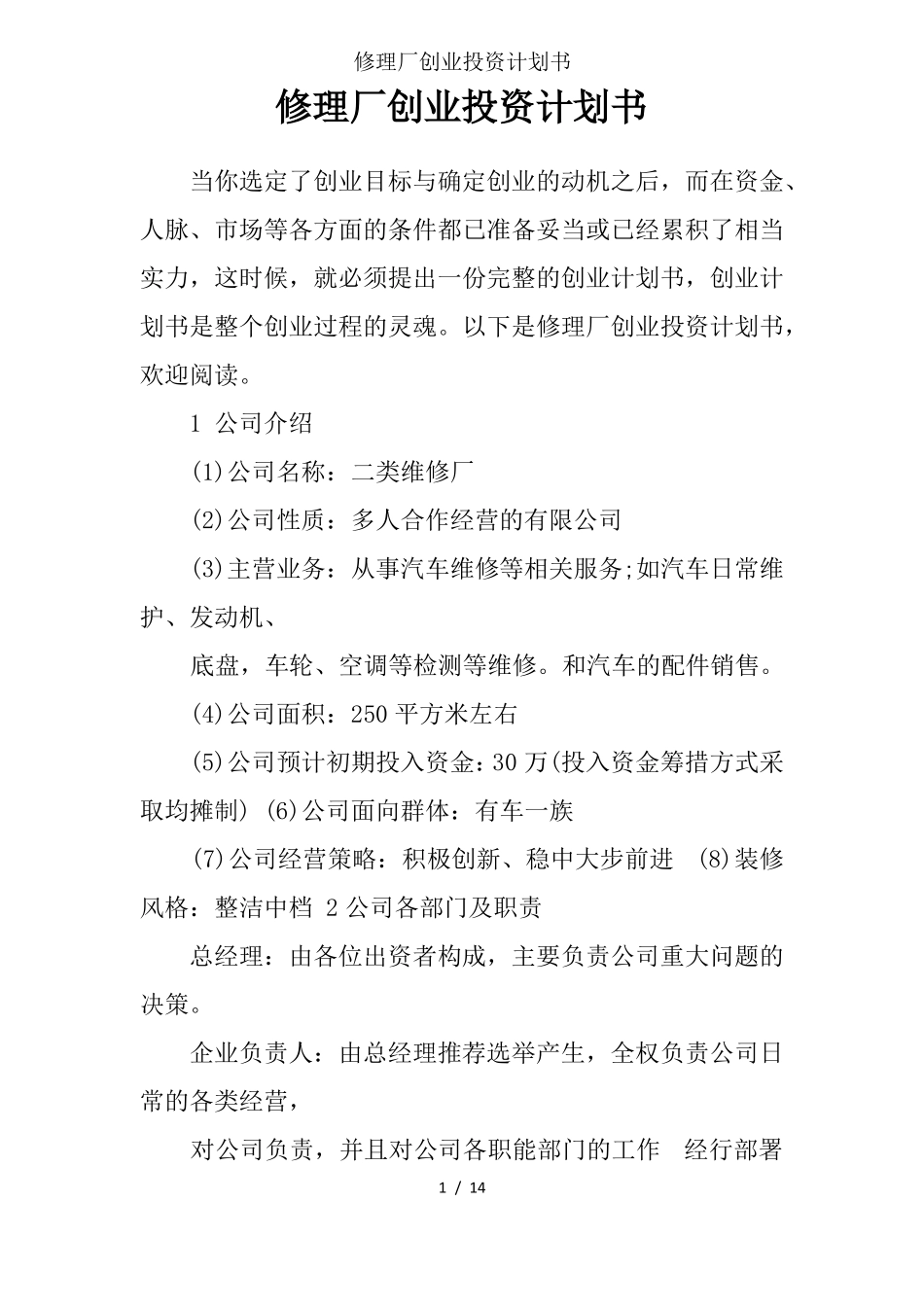 修理厂创业投资计划书_第1页