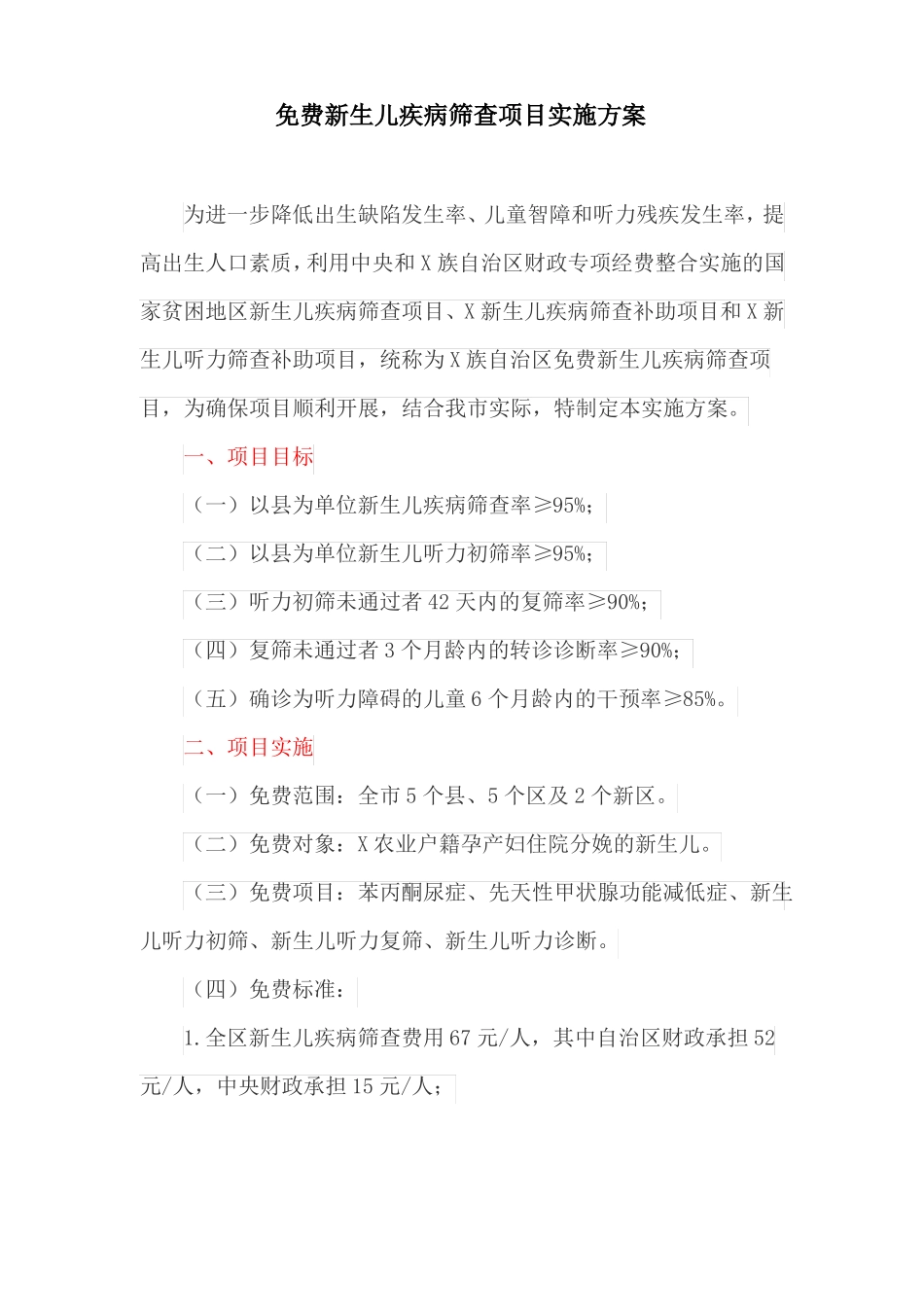 免费新生儿疾病筛查项目实施方案_第1页