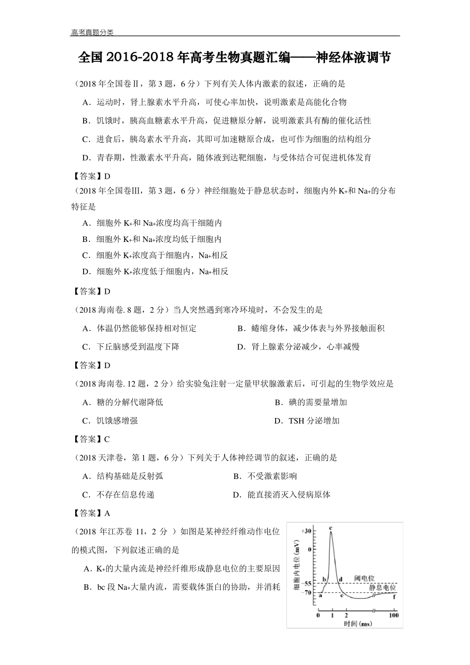 全国2012018年高考生物真题汇编——神经-体液调节_第1页
