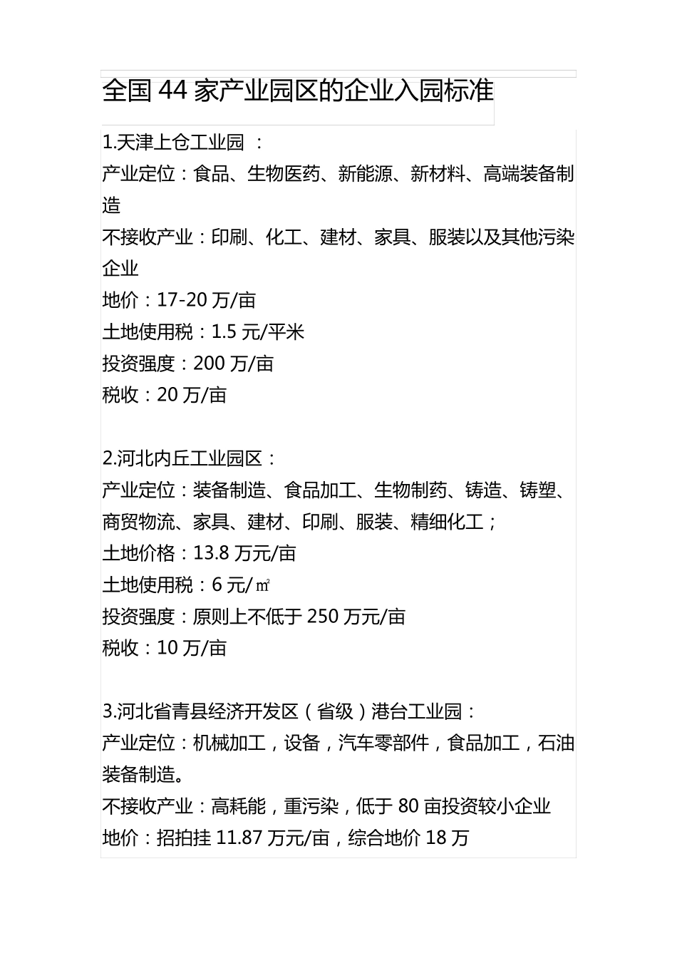 全国44家产业园区的企业入园标准_第1页