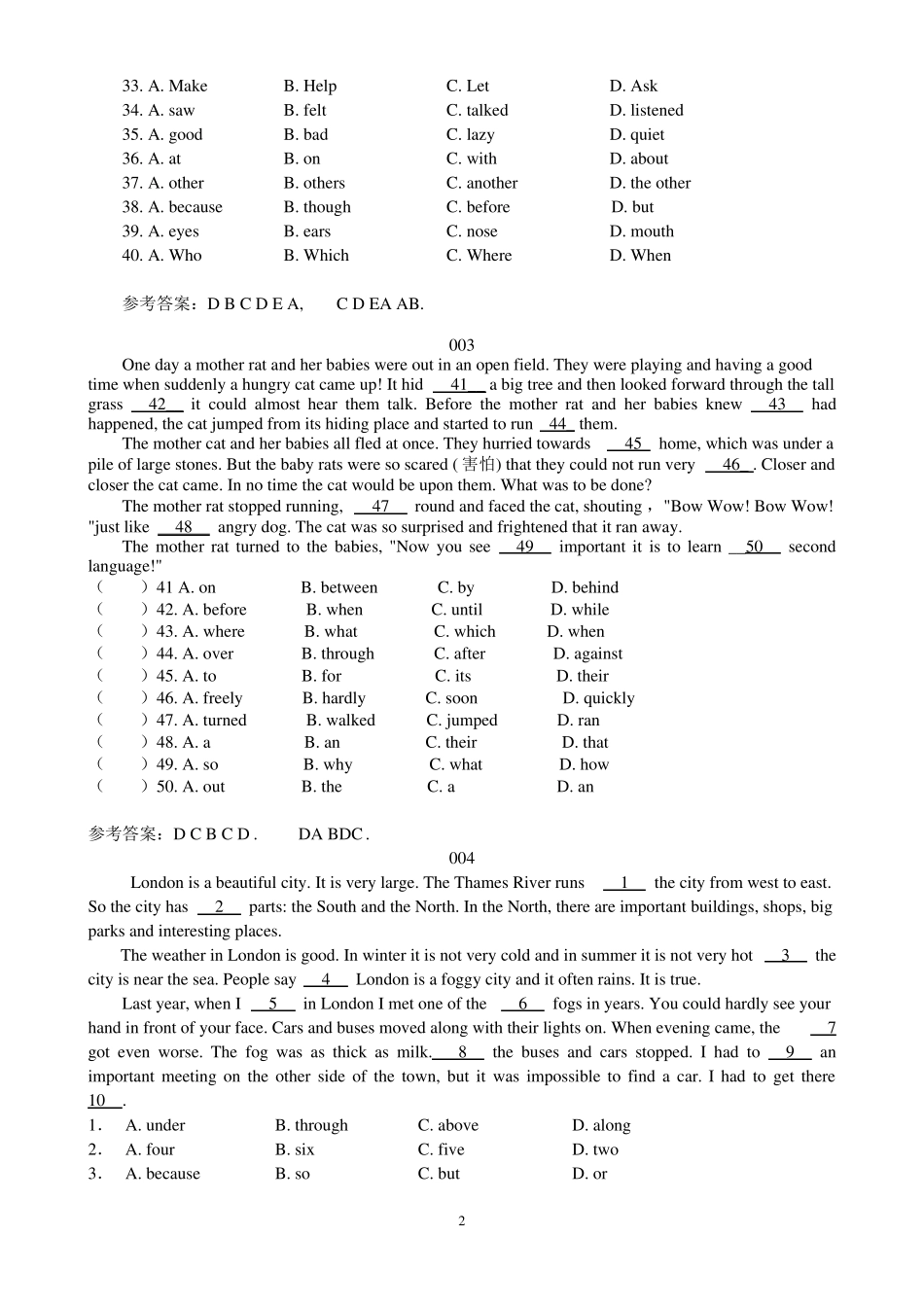 八年级上册完形填空专练13篇带答案精心校对版_第2页