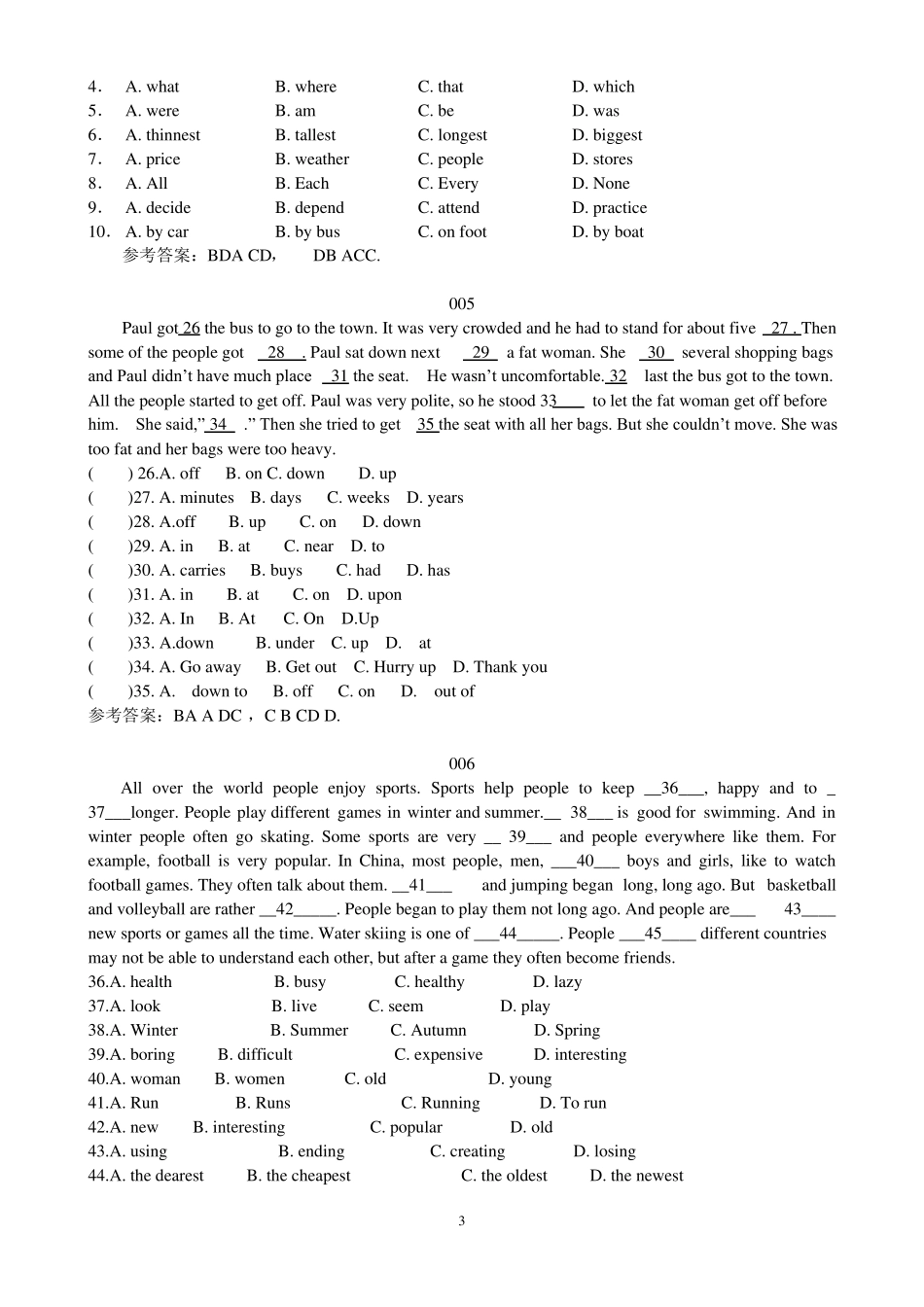 八年级上册完形填空专练13篇带答案精心校对版_第3页