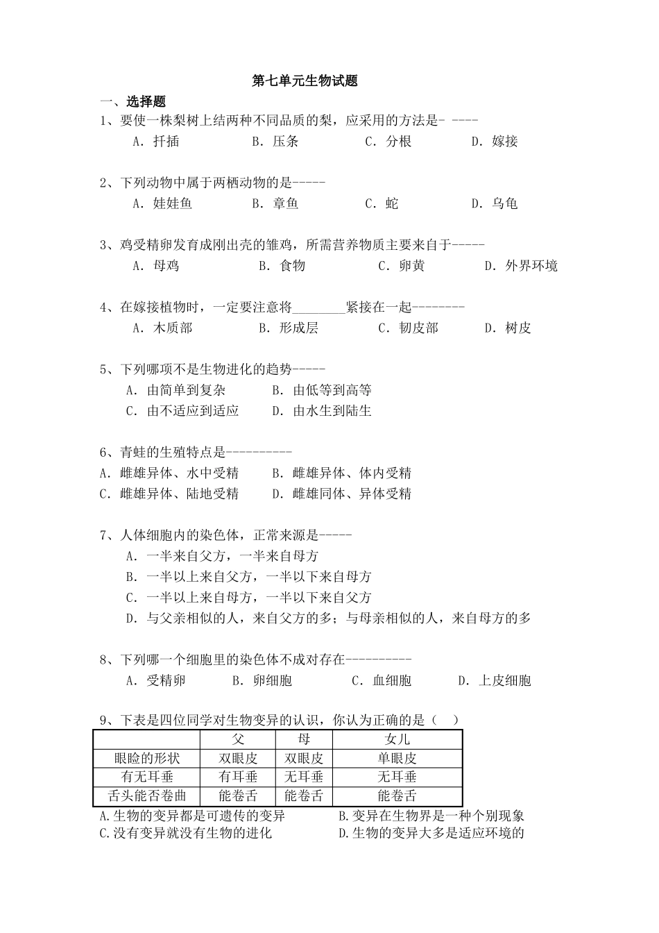 八年级下册-生物圈中生命的延续和发展测试题_第1页