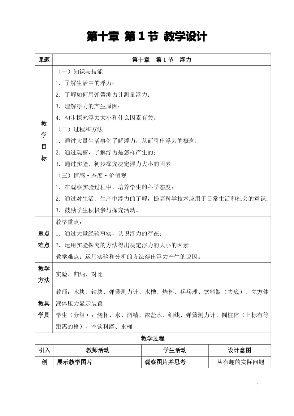 八年级物理浮力教学设计_第1页