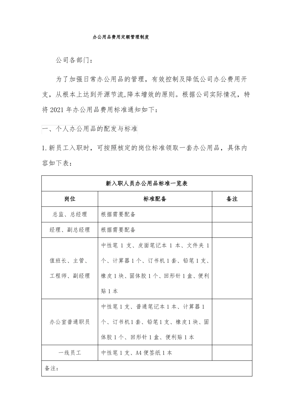 公司办公用品费用定额管理制度_第1页