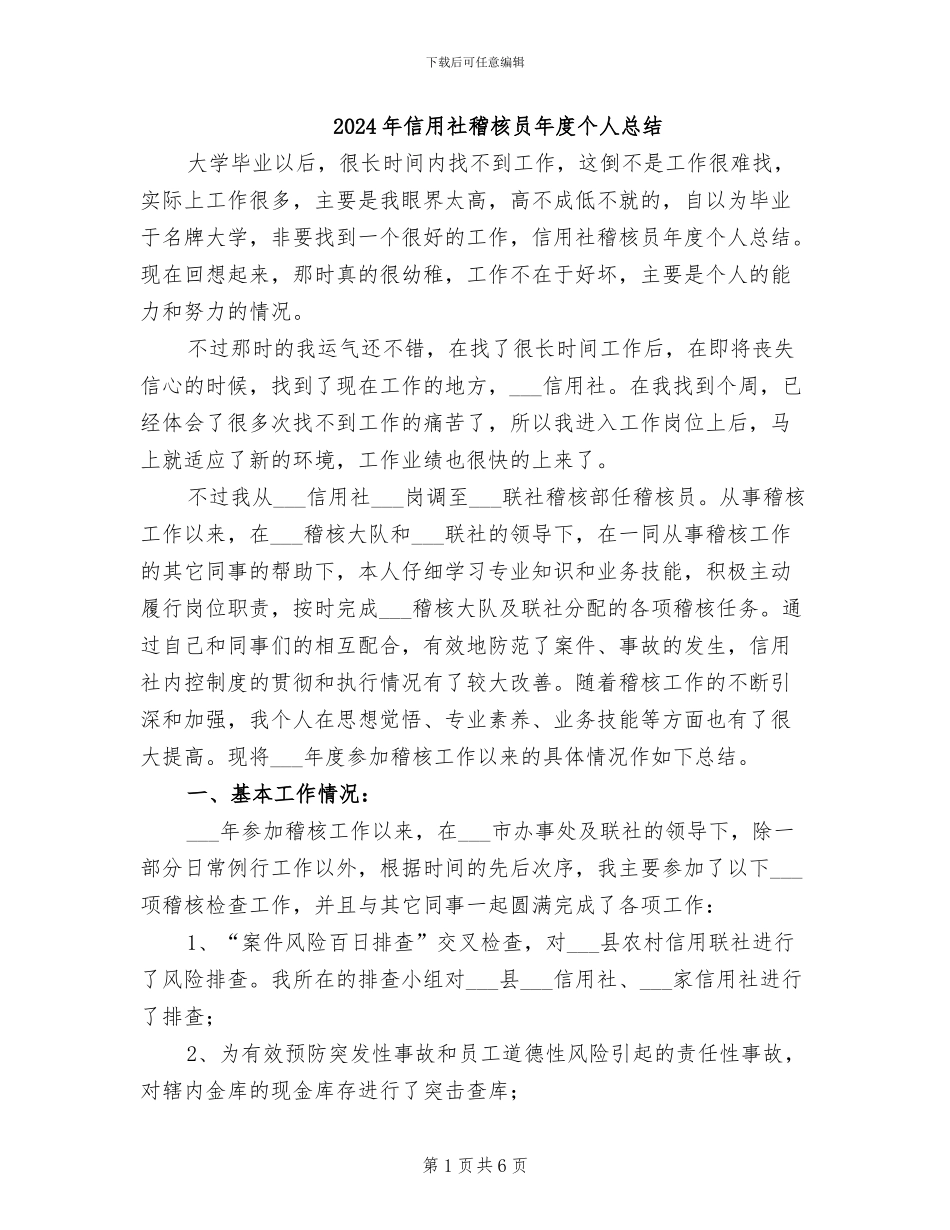 2024年信用社稽核员年度个人总结_第1页