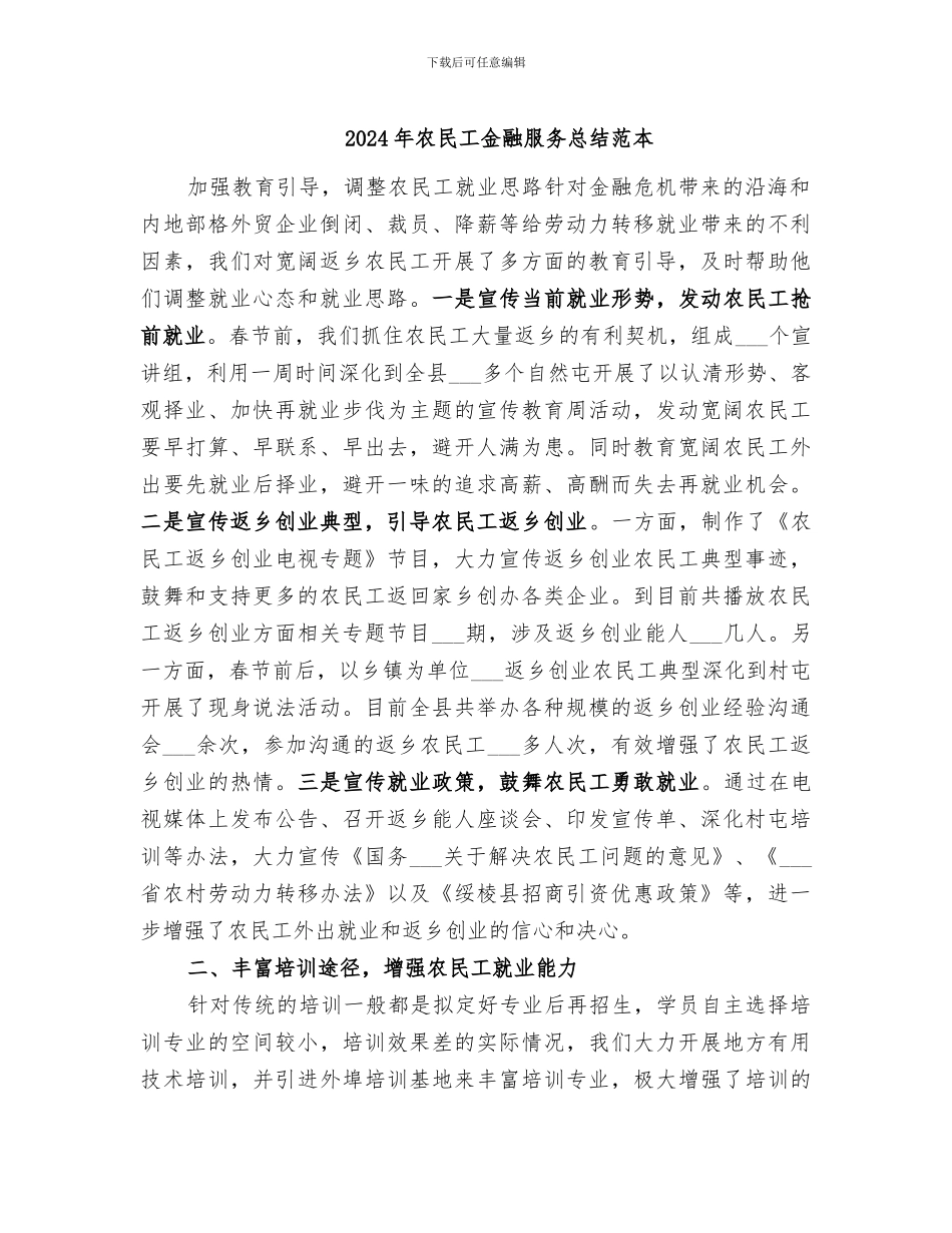 2024年农民工金融服务总结范本_第1页