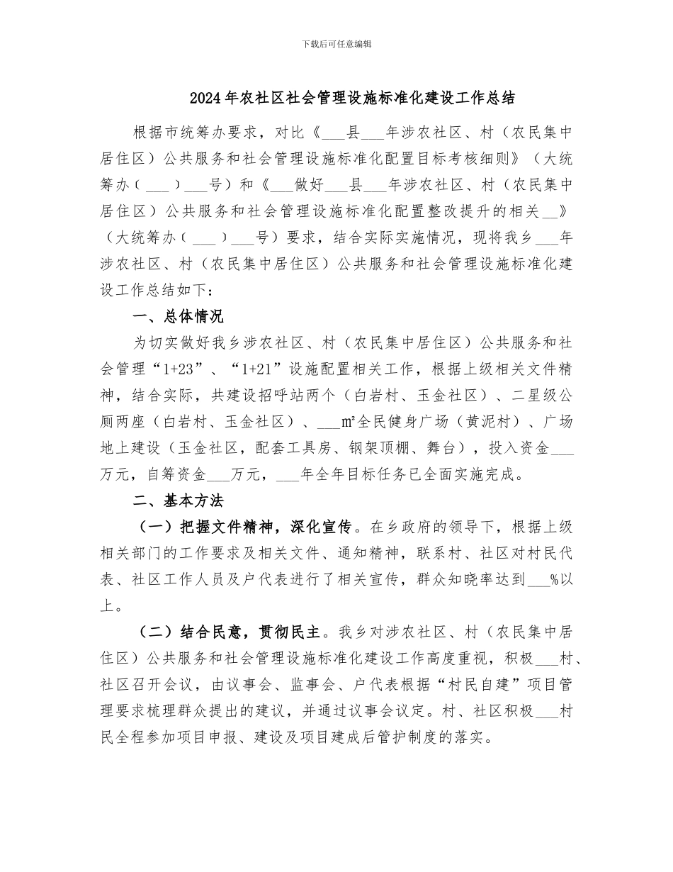 2024年农社区社会管理设施标准化建设工作总结_第1页