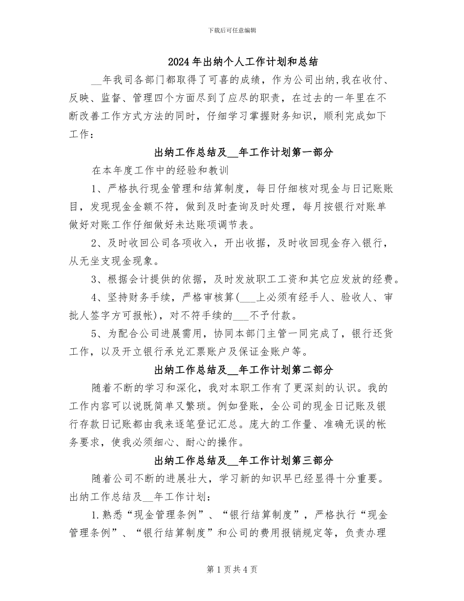 2024年出纳个人工作计划和总结_第1页