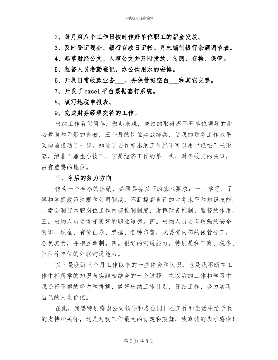 2024年出纳个人试用期工作总结_第2页
