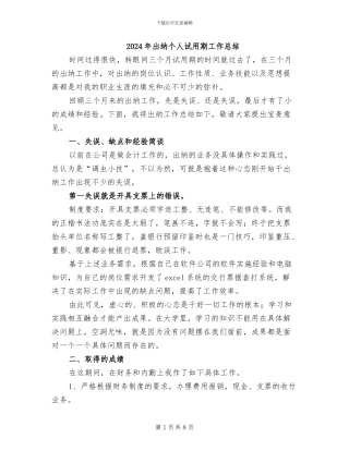 2024年出纳个人试用期工作总结