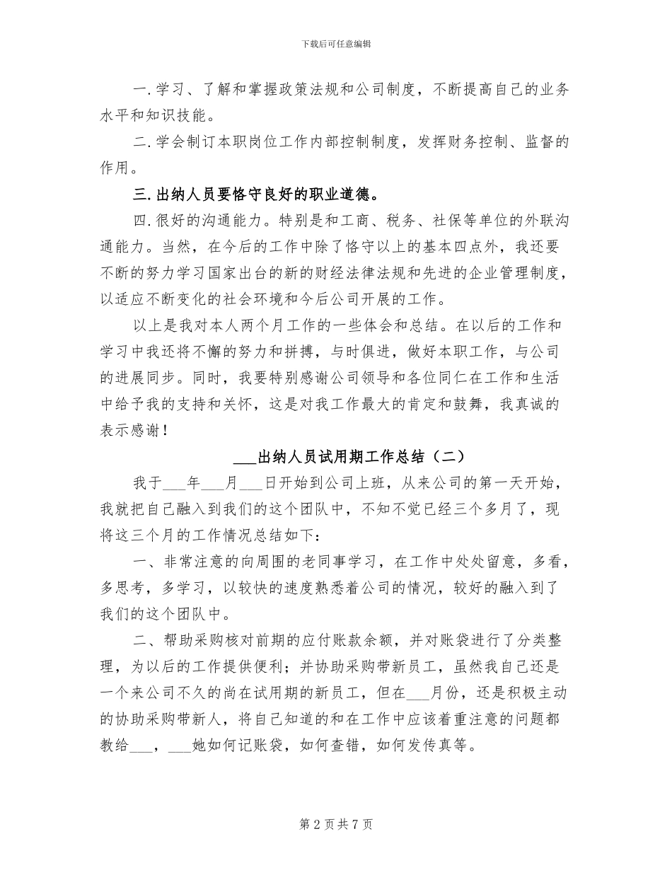 2024年出纳人员试用期工作总结_第2页