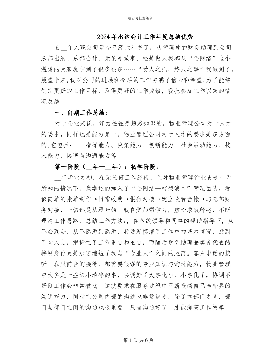 2024年出纳会计工作年度总结优秀_第1页