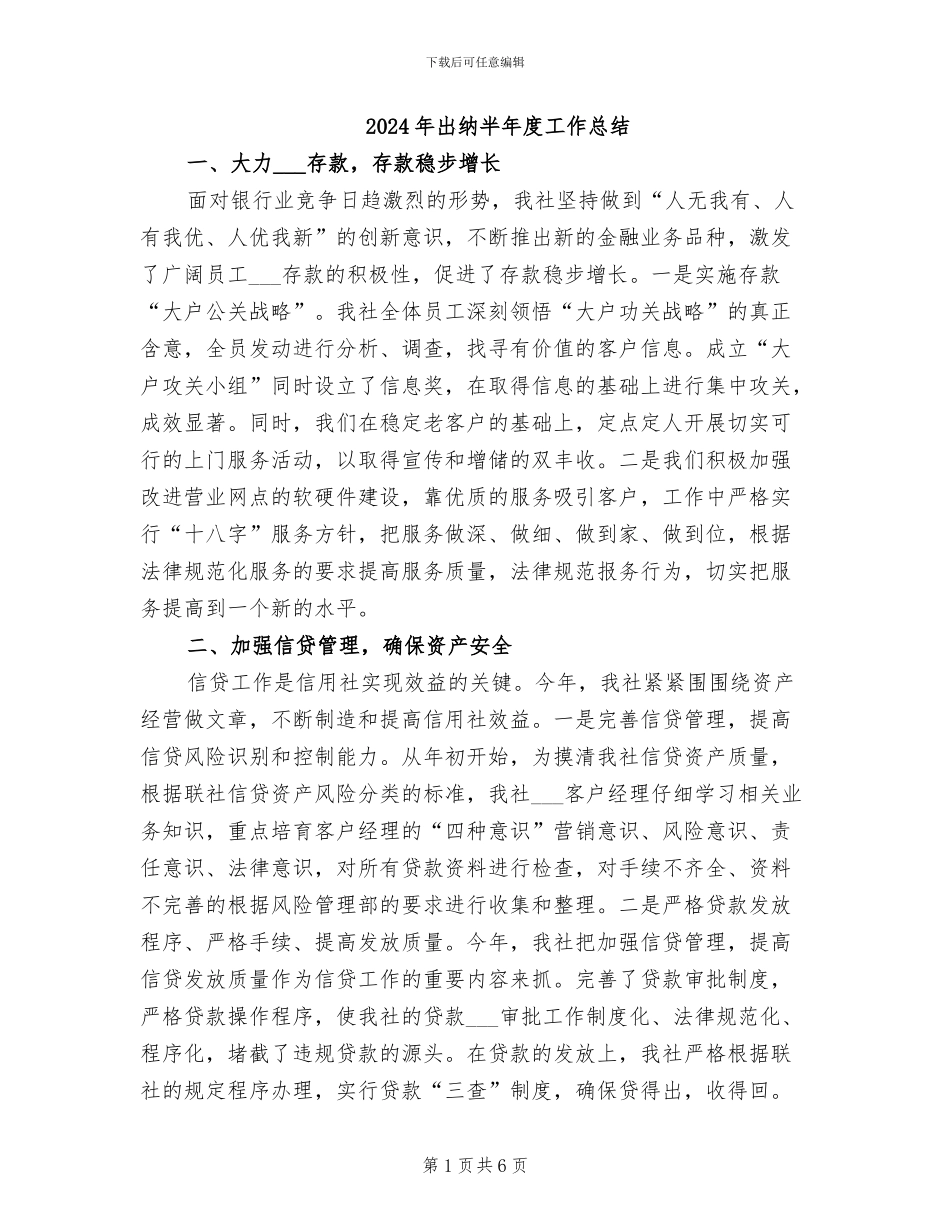 2024年出纳半年度工作总结_第1页