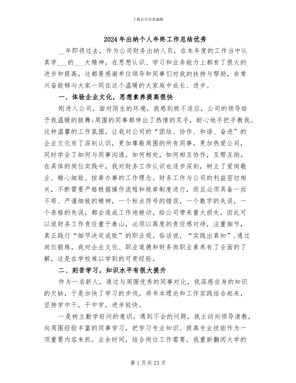 2024年出纳个人年终工作总结优秀_第1页