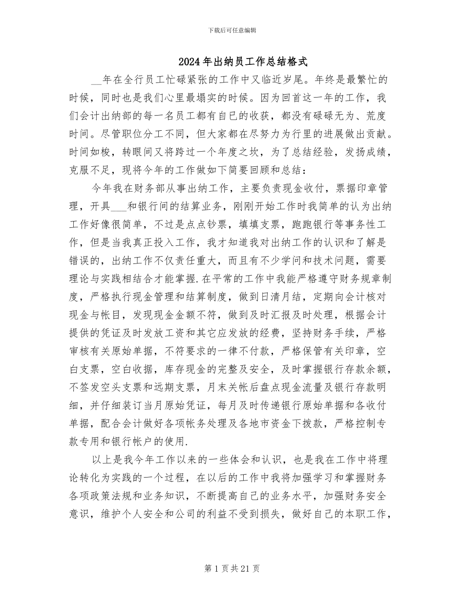 2024年出纳员工作总结格式_第1页