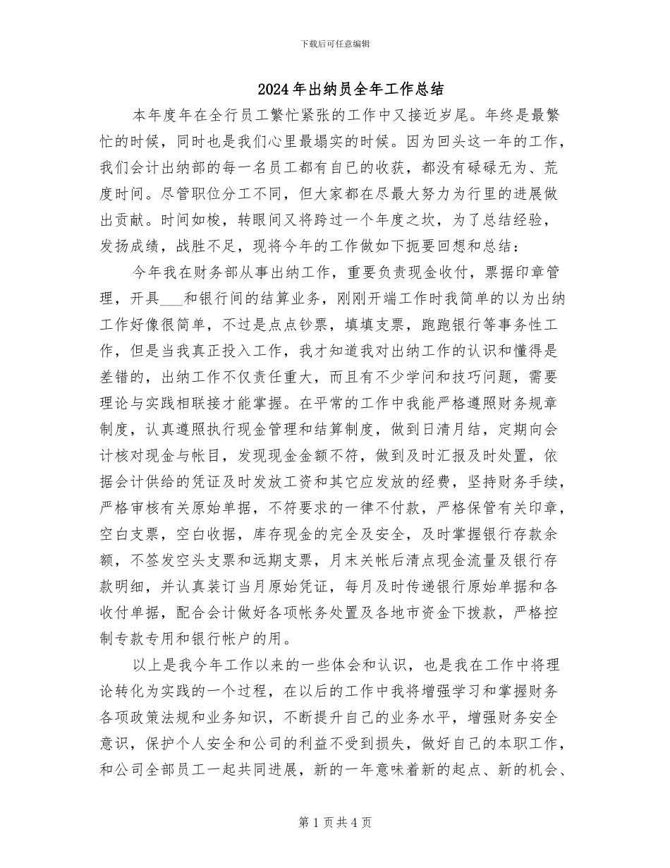2024年出纳员全年工作总结_第1页
