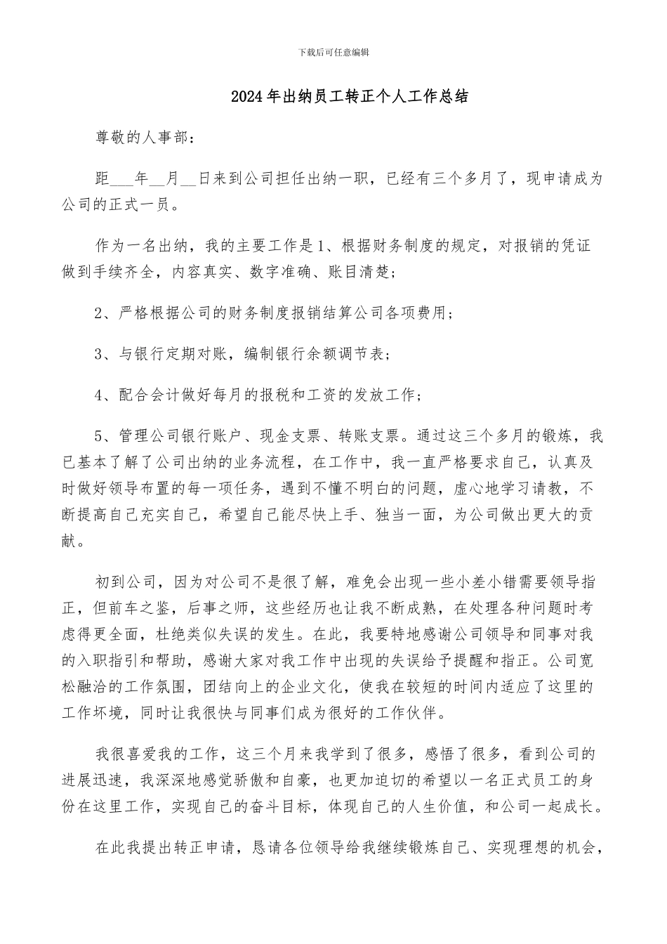 2024年出纳员工转正个人工作总结_第1页