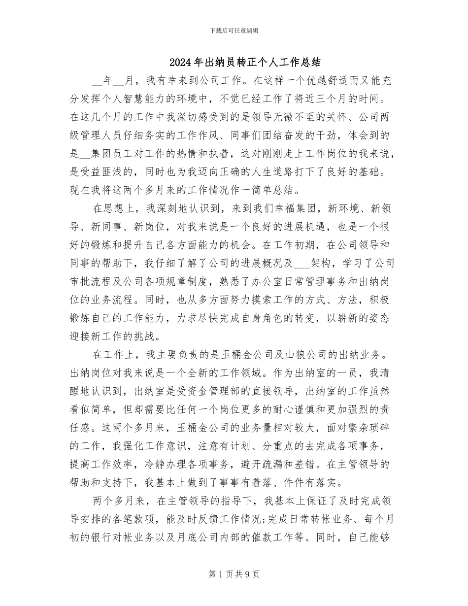 2024年出纳员转正个人工作总结_第1页