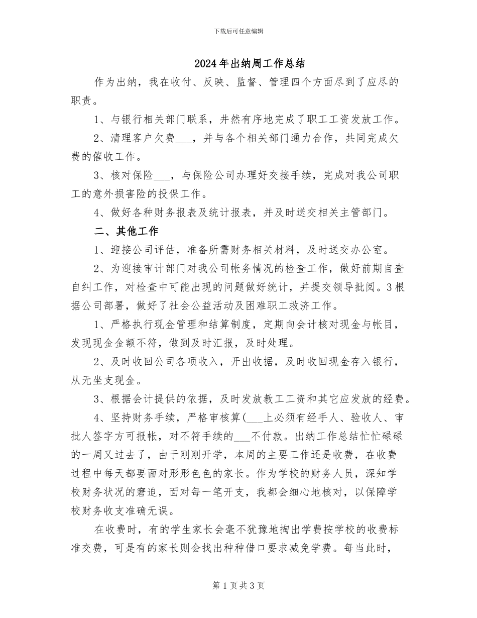 2024年出纳周工作总结_第1页