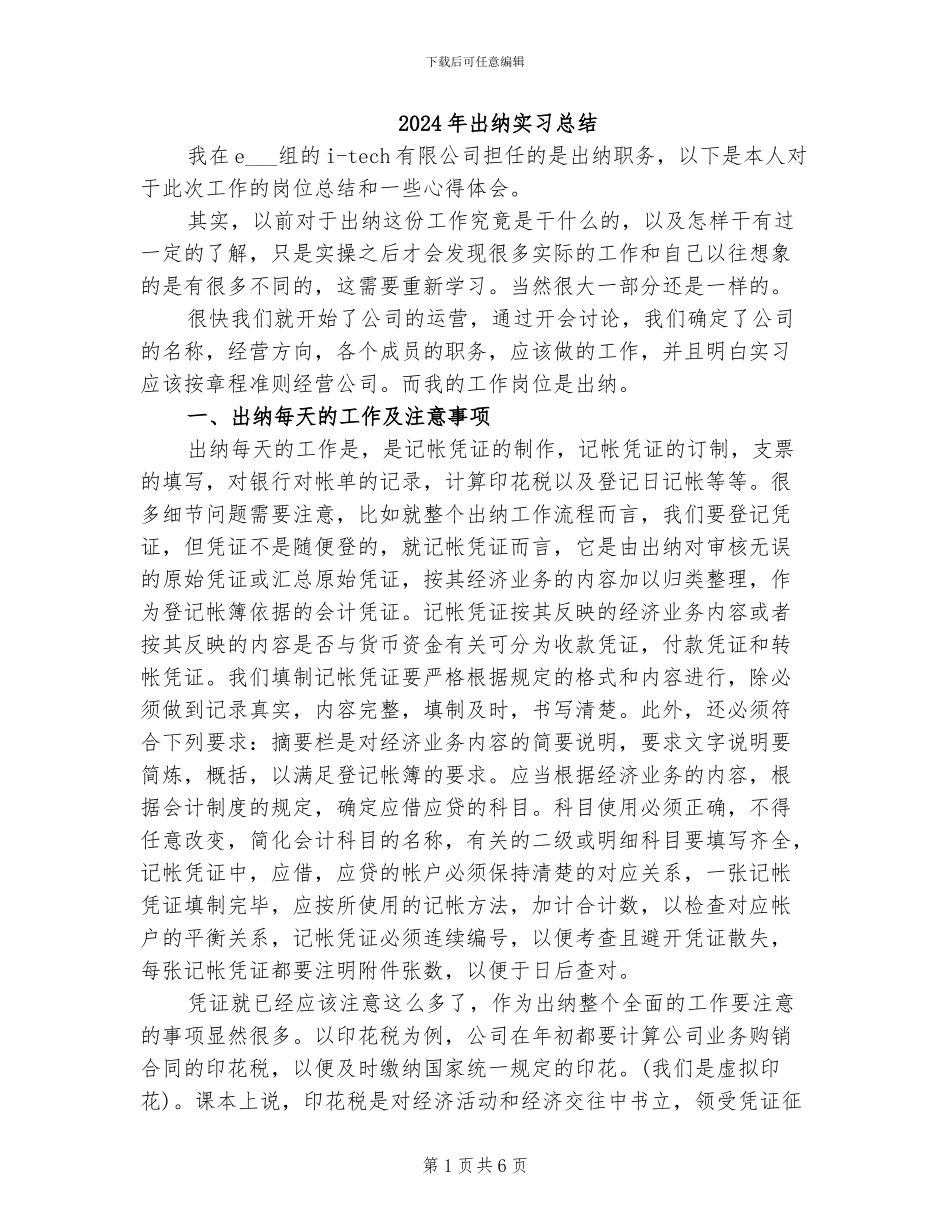 2024年出纳实习总结_第1页