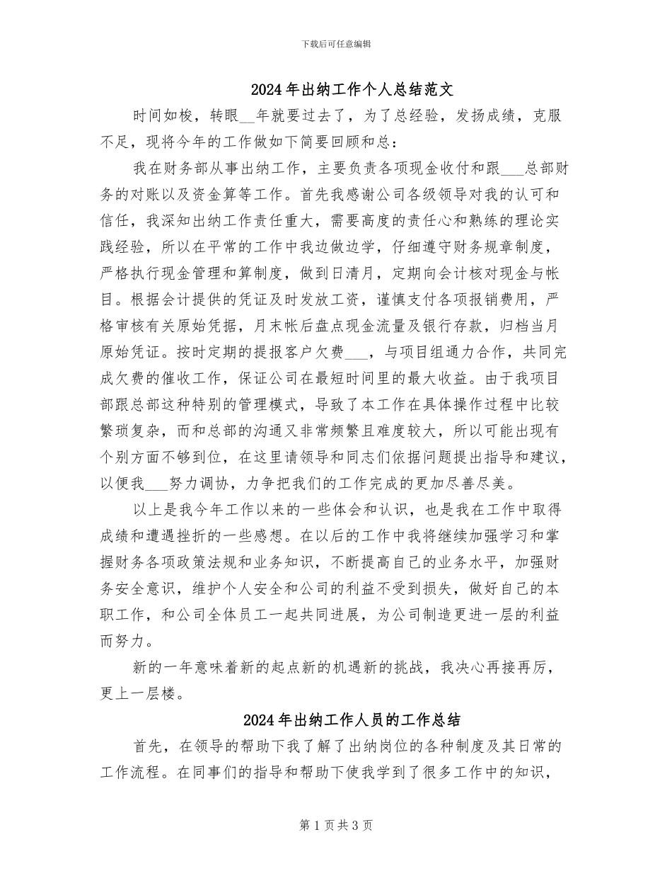 2024年出纳工作个人总结范文_第1页