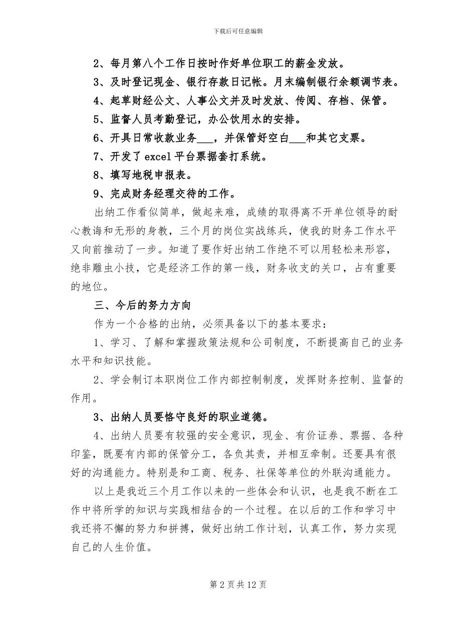 2024年出纳岗位试用期工作总结_第2页