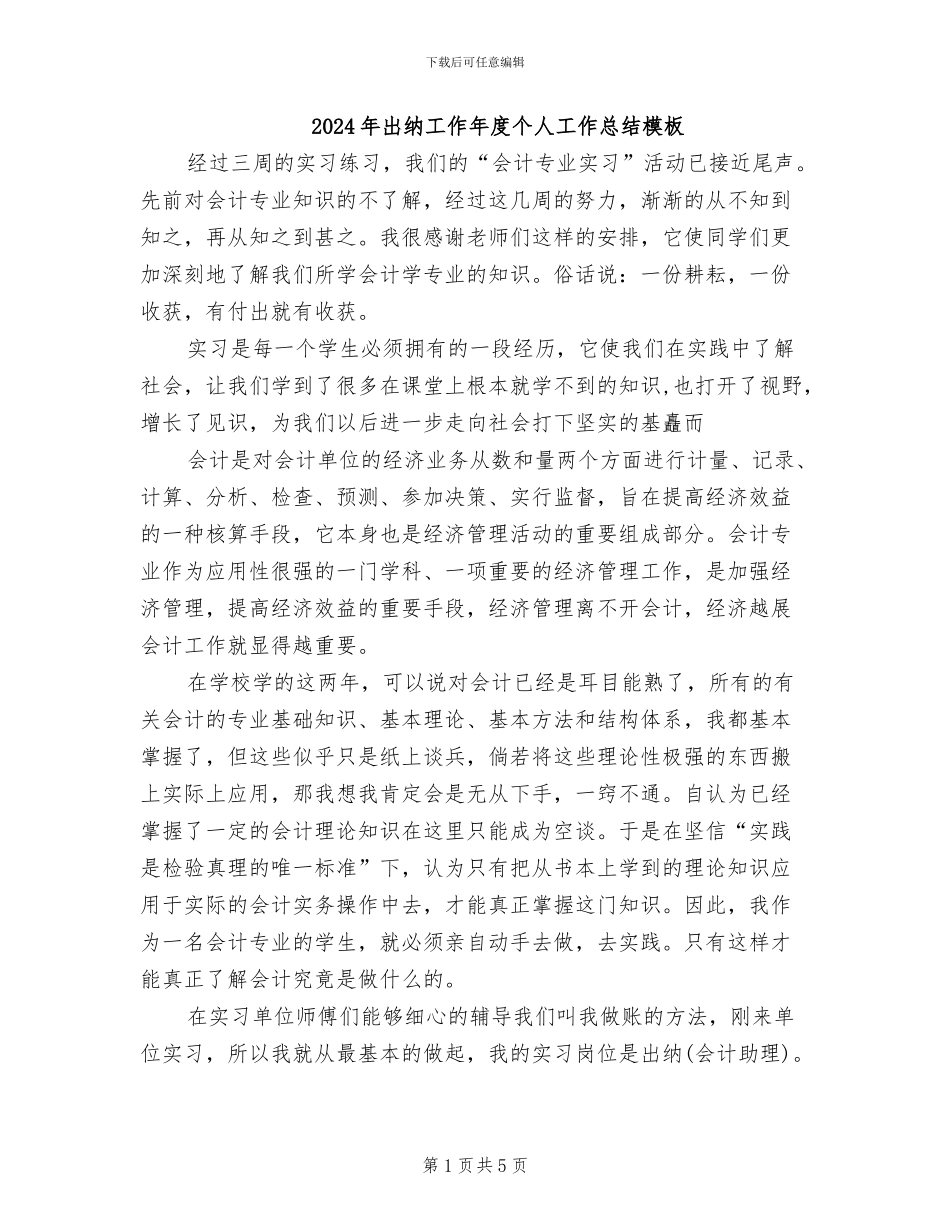 2024年出纳工作年度个人工作总结模板_第1页