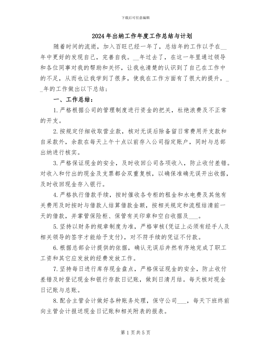 2024年出纳工作年度工作总结与计划_第1页