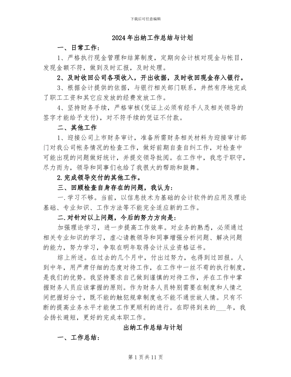 2024年出纳工作总结与计划_第1页