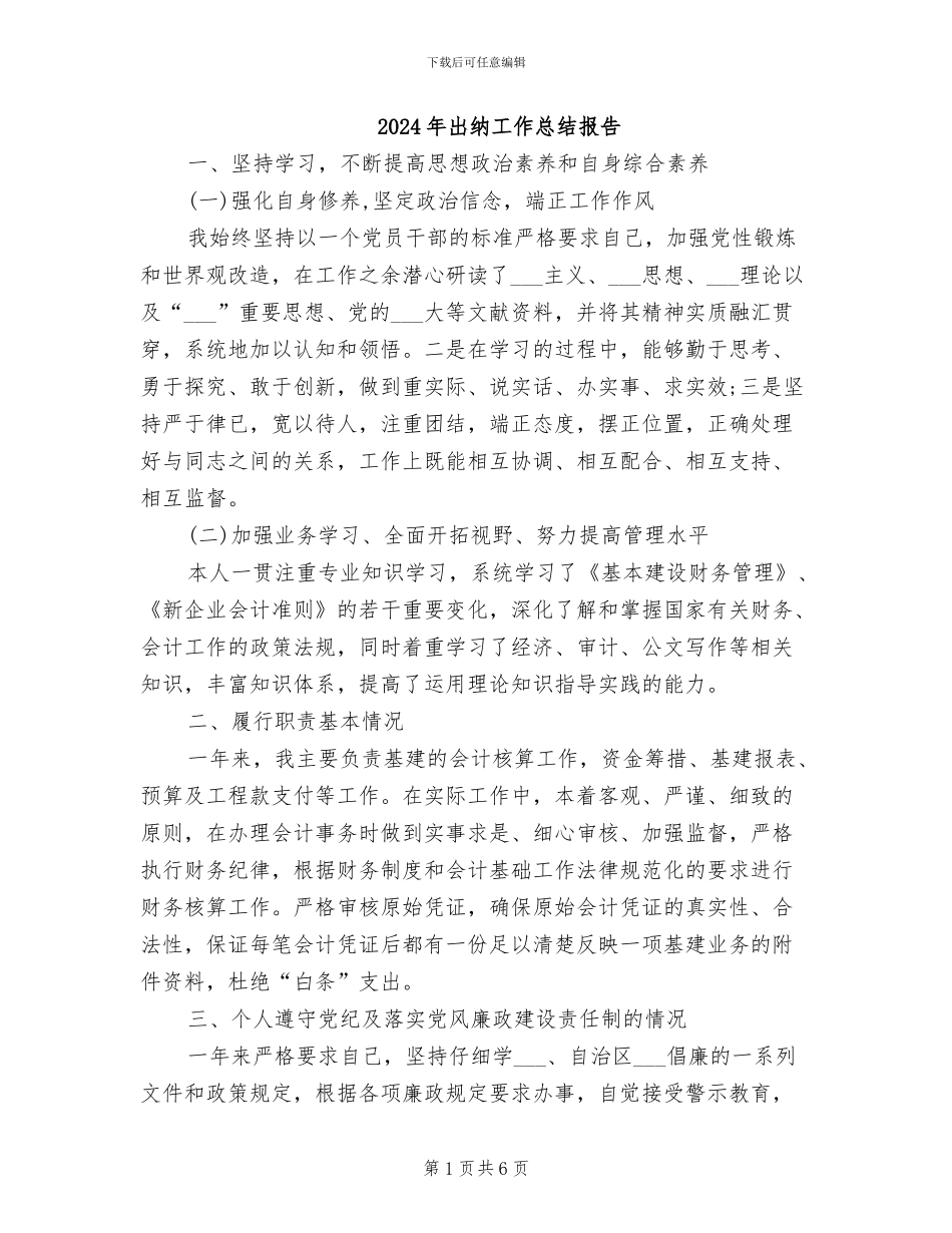 2024年出纳工作总结报告_第1页