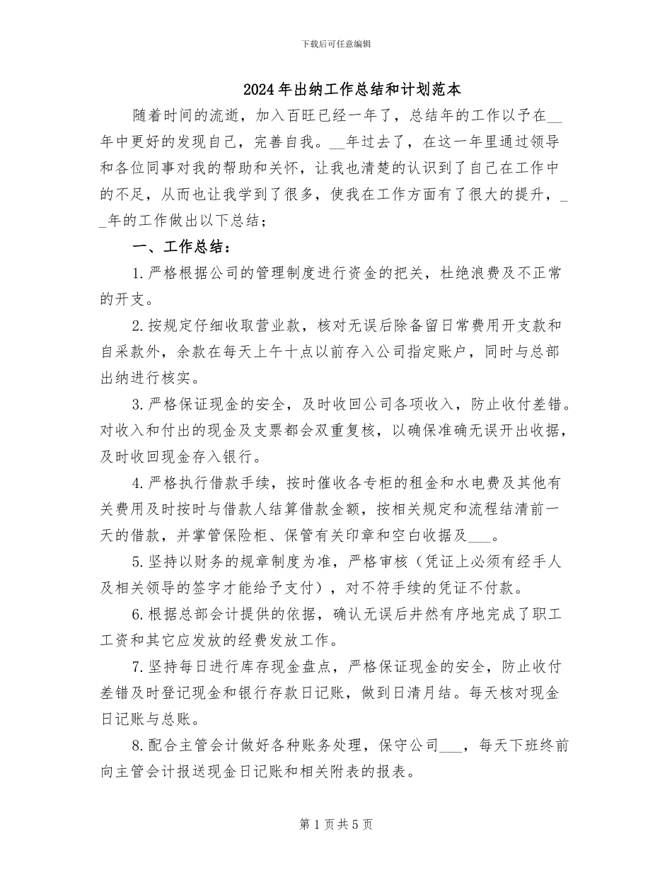 2024年出纳工作总结和计划范本_第1页