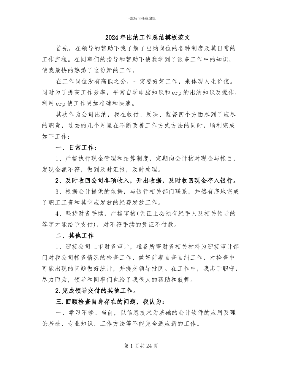 2024年出纳工作总结模板范文_第1页