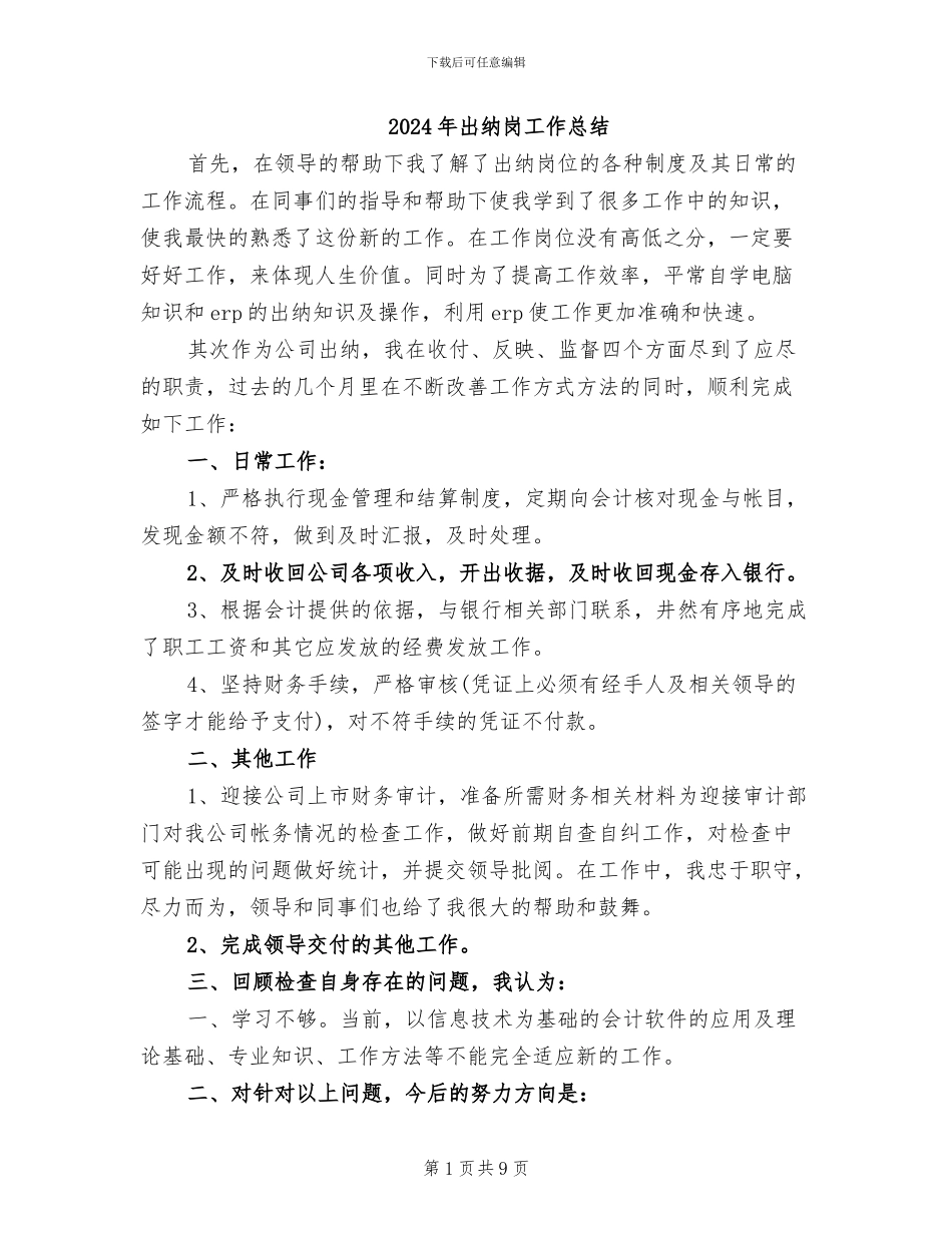 2024年出纳岗工作总结_第1页