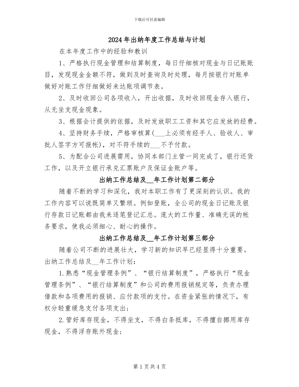 2024年出纳年度工作总结与计划_第1页