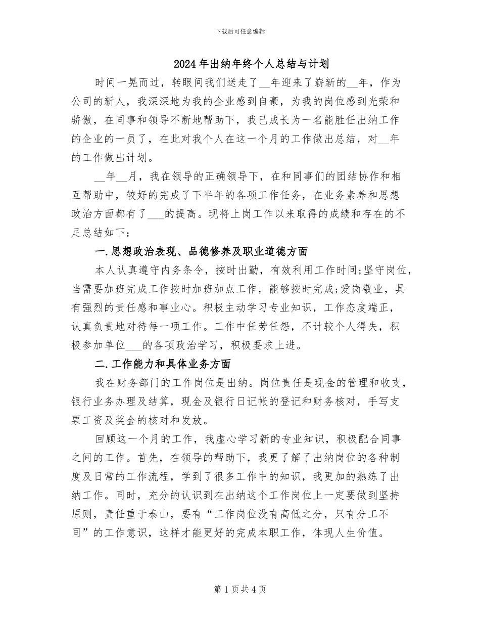 2024年出纳年终个人总结与计划_第1页
