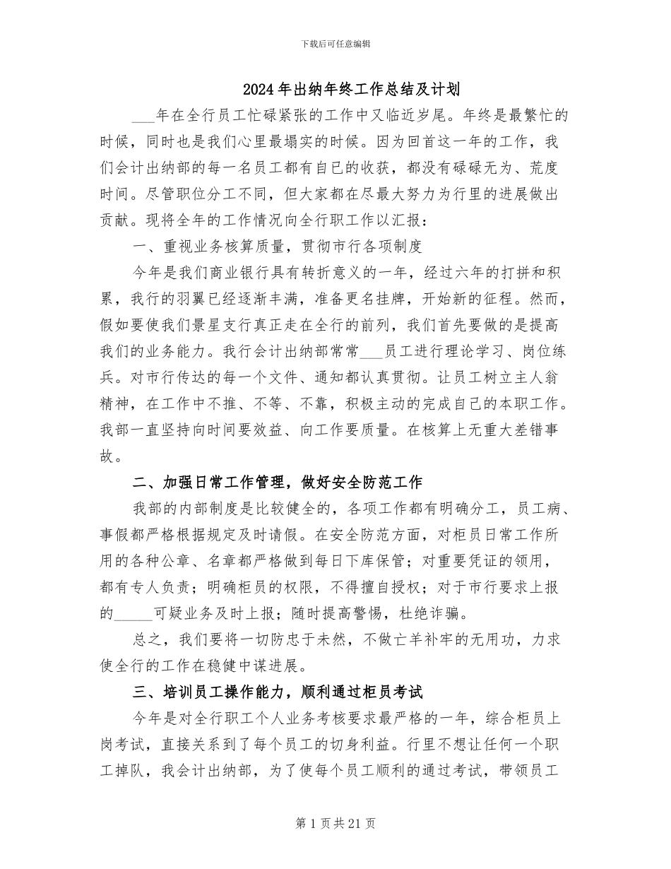 2024年出纳年终工作总结及计划_第1页