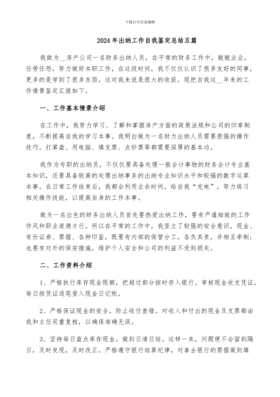 2024年出纳工作自我鉴定总结五篇_第1页
