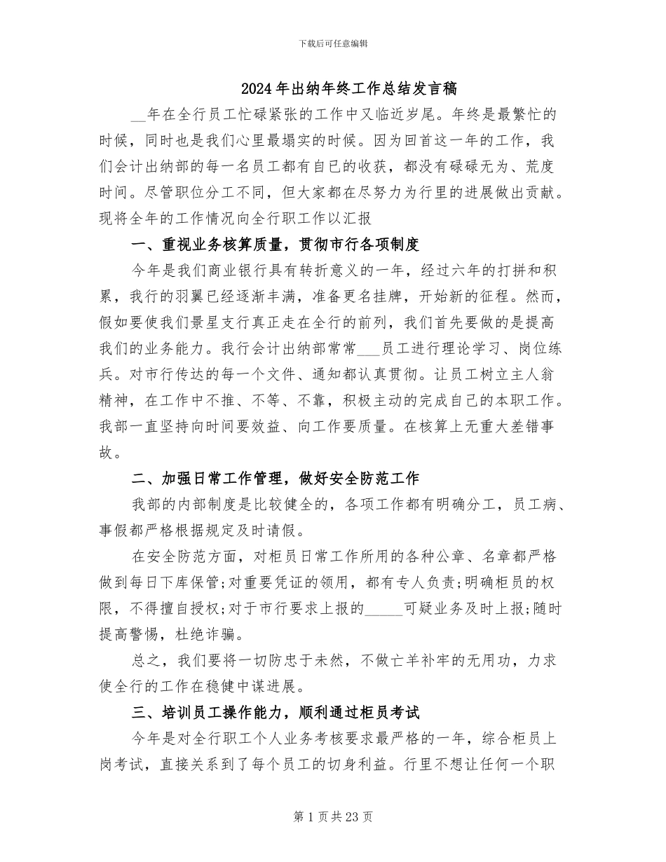2024年出纳年终工作总结发言稿_第1页