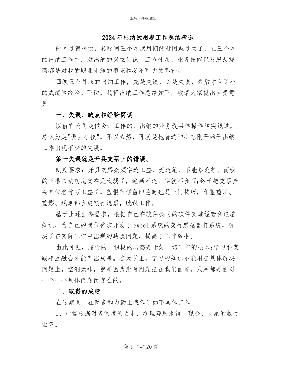 2024年出纳试用期工作总结精选_第1页