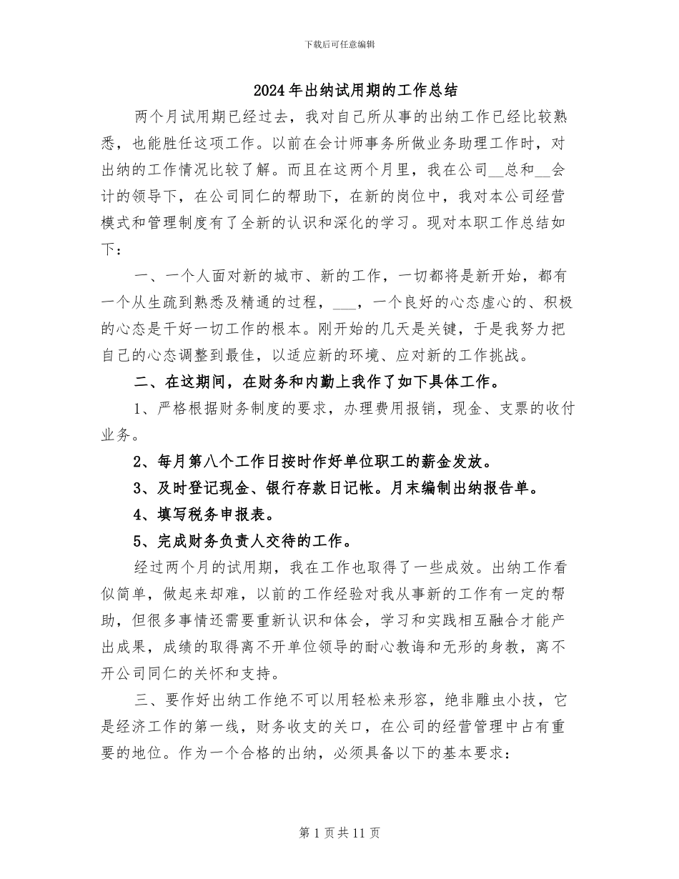 2024年出纳试用期的工作总结_第1页