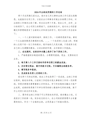 2024年出纳试用期的工作总结