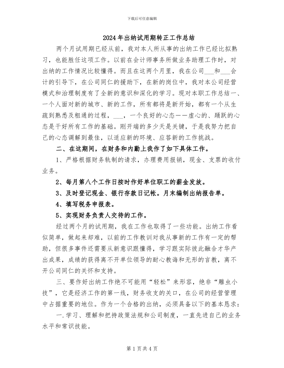 2024年出纳试用期转正工作总结_第1页