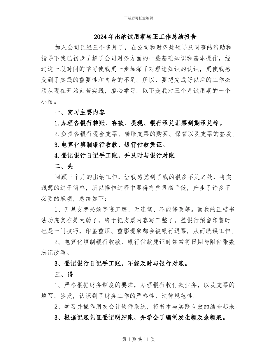 2024年出纳试用期转正工作总结报告_第1页