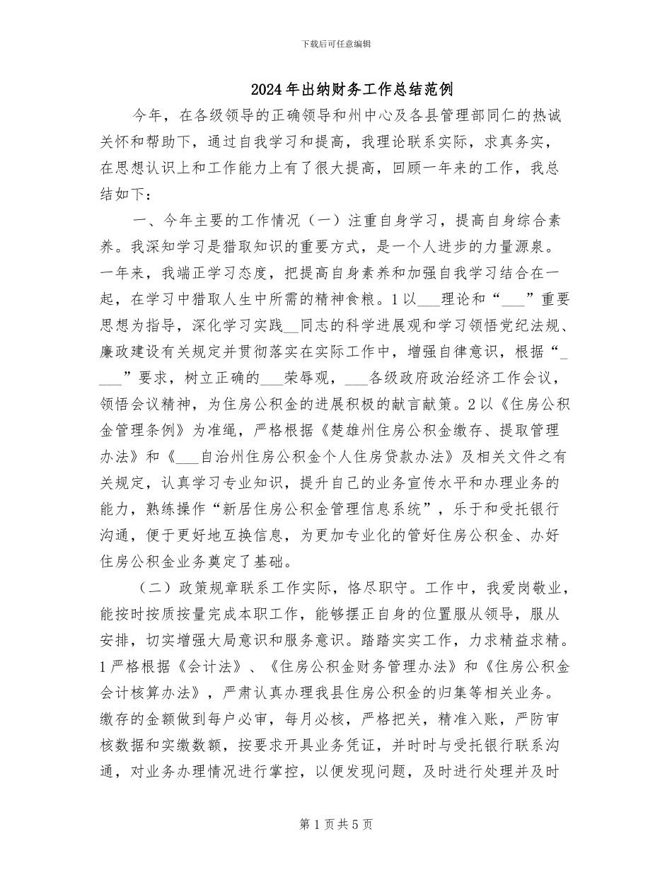 2024年出纳财务工作总结范例_第1页
