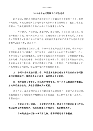 2024年出纳试用期工作评价总结